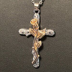 Silvertone w/Goldtone Rose Cross Necklace (131)